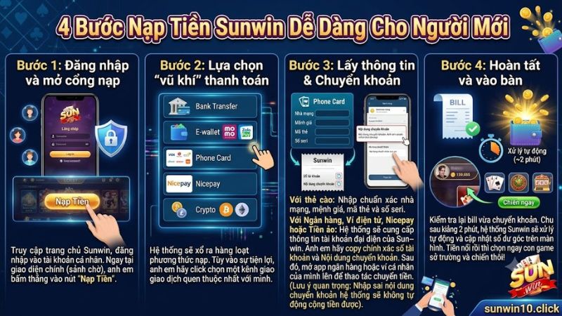 Hướng dẫn 4 thao tác nạp tiền Sunwin qua thẻ ngân hàng và ví điện tử